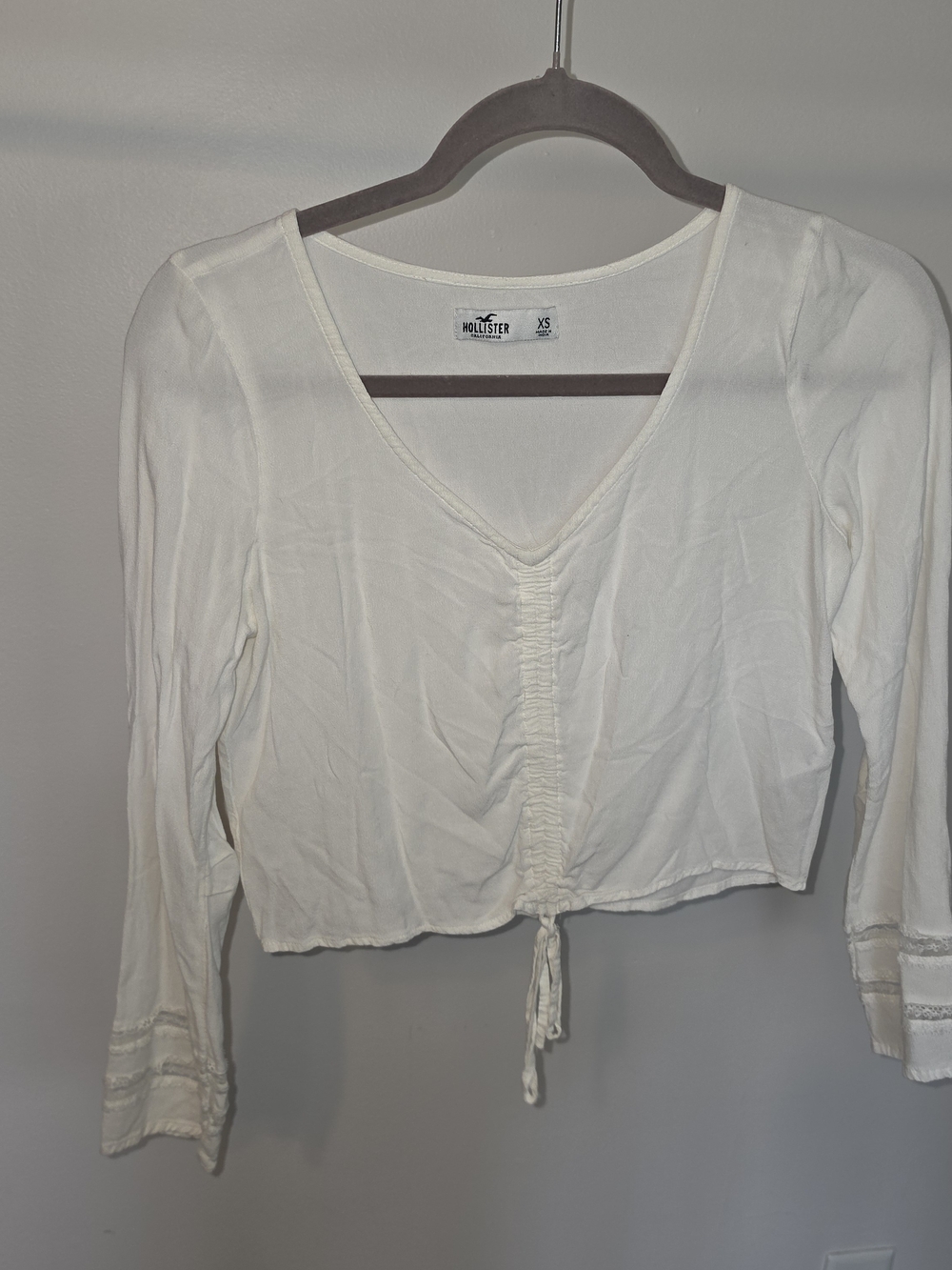 Hollister White V-Neck Drawstring Crop Top